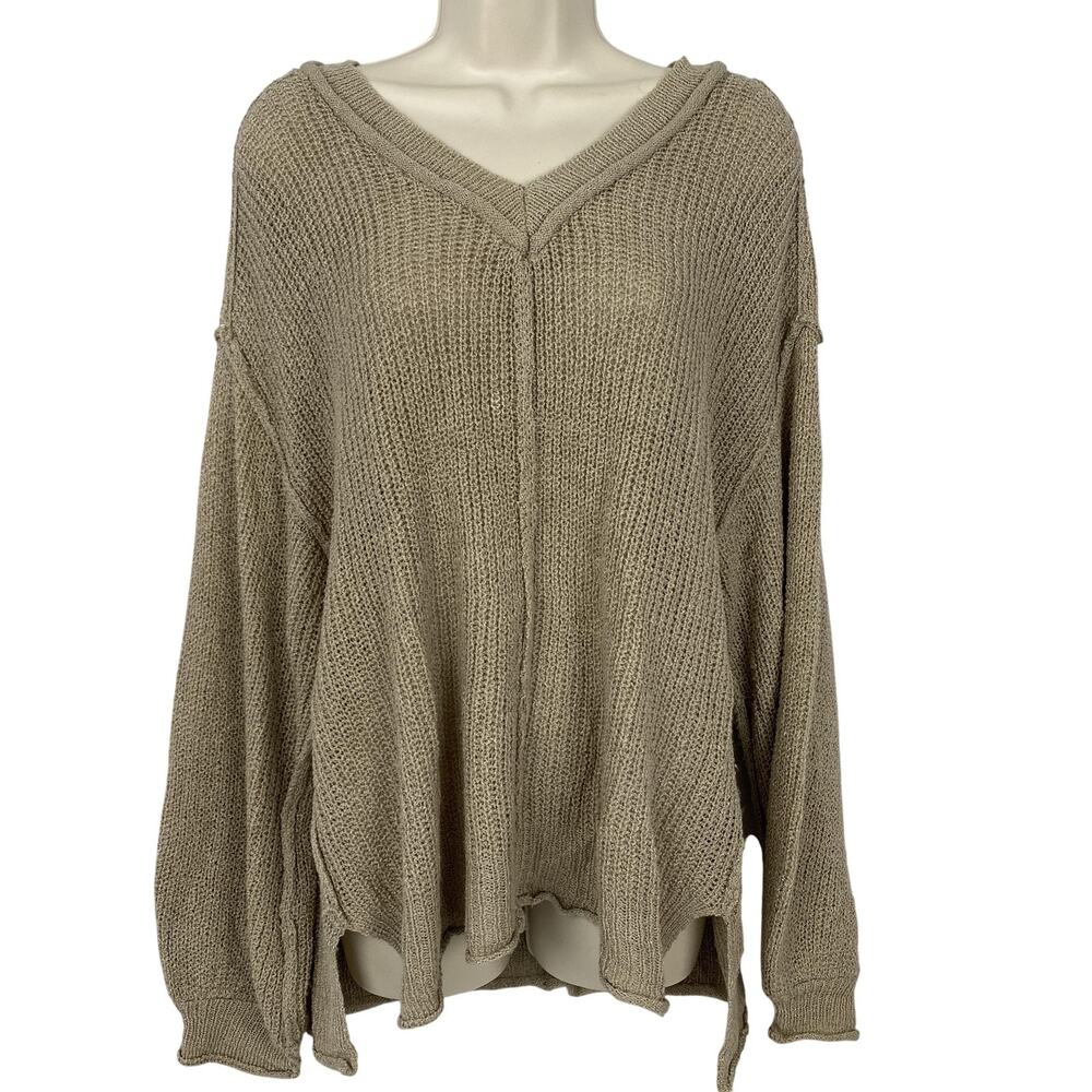 POL Sweater Womens Medium Taupe Double V Neck Oversized Slouchy Chunky Open Knit